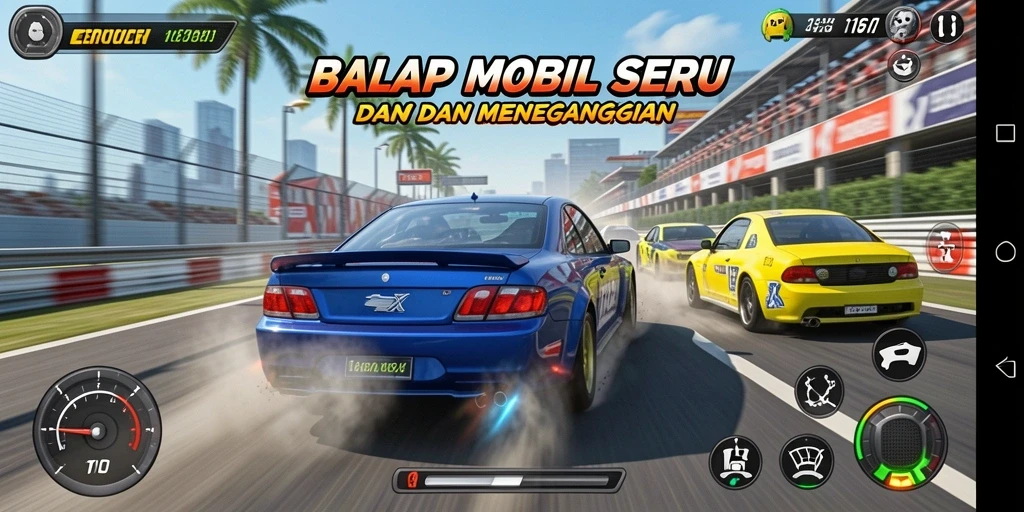 Screenshot gameplay 116X menampilkan balapan mendebarkan dengan mobil dan trek yang beragam.