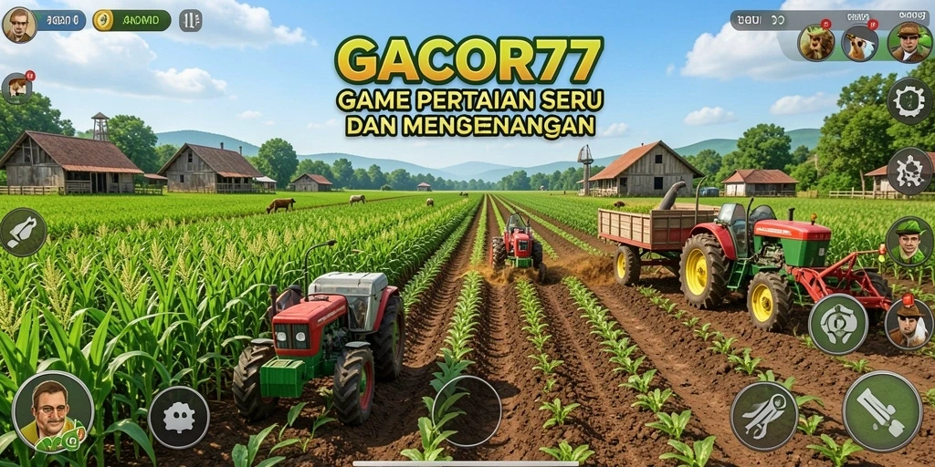 Screenshot gameplay <strong>GACOR77</strong> menampilkan ladang yang subur dan hewan ternak.