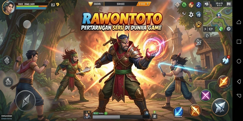 Screenshot gameplay RAWONTOTO menunjukkan aksi pertarungan yang intens dan dinamis.