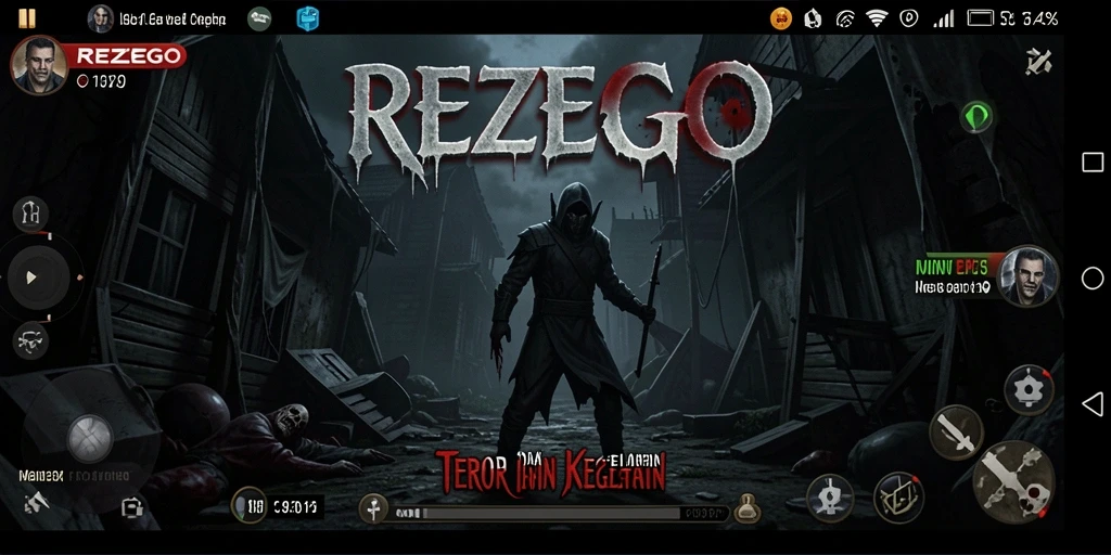 Screenshot gameplay <strong>REZEGO</strong> menampilkan suasana mencekam di tengah kegelapan.