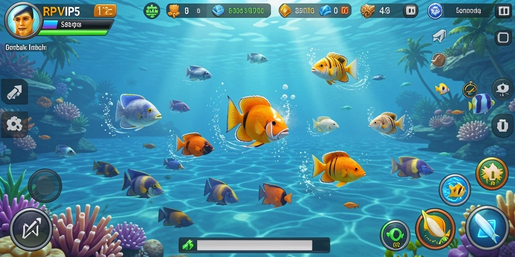 Tampilan gameplay RPVIP5 dengan berbagai jenis ikan untuk ditembak.
